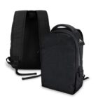 Two black backpacks, one facing forward and one showing the back and shoulder straps.