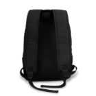 Black backpack shown from the back with padded straps and a mesh panel.