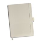 Closed beige notebook with an elastic band and pen holder, shown on a white background.