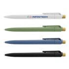 Four ballpoint pens in white, green, blue, and black, with a bamboo click top.