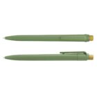 Two green ballpoint pens with tan clickers, shown from side and top views.