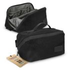 Two black toiletry bags, one open showing compartments, and one closed with a tag attached.