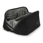 Black zippered pouch with open top, gray interior, and elastic inner pockets.