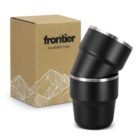 Two black stackable cups in front of a brown box labeled frontier Stackable Cups.