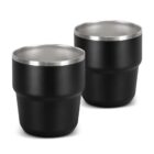 Two black, stainless steel cups with silver rims on a white background.