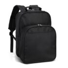 A plain black backpack with two zippered compartments on a white background.