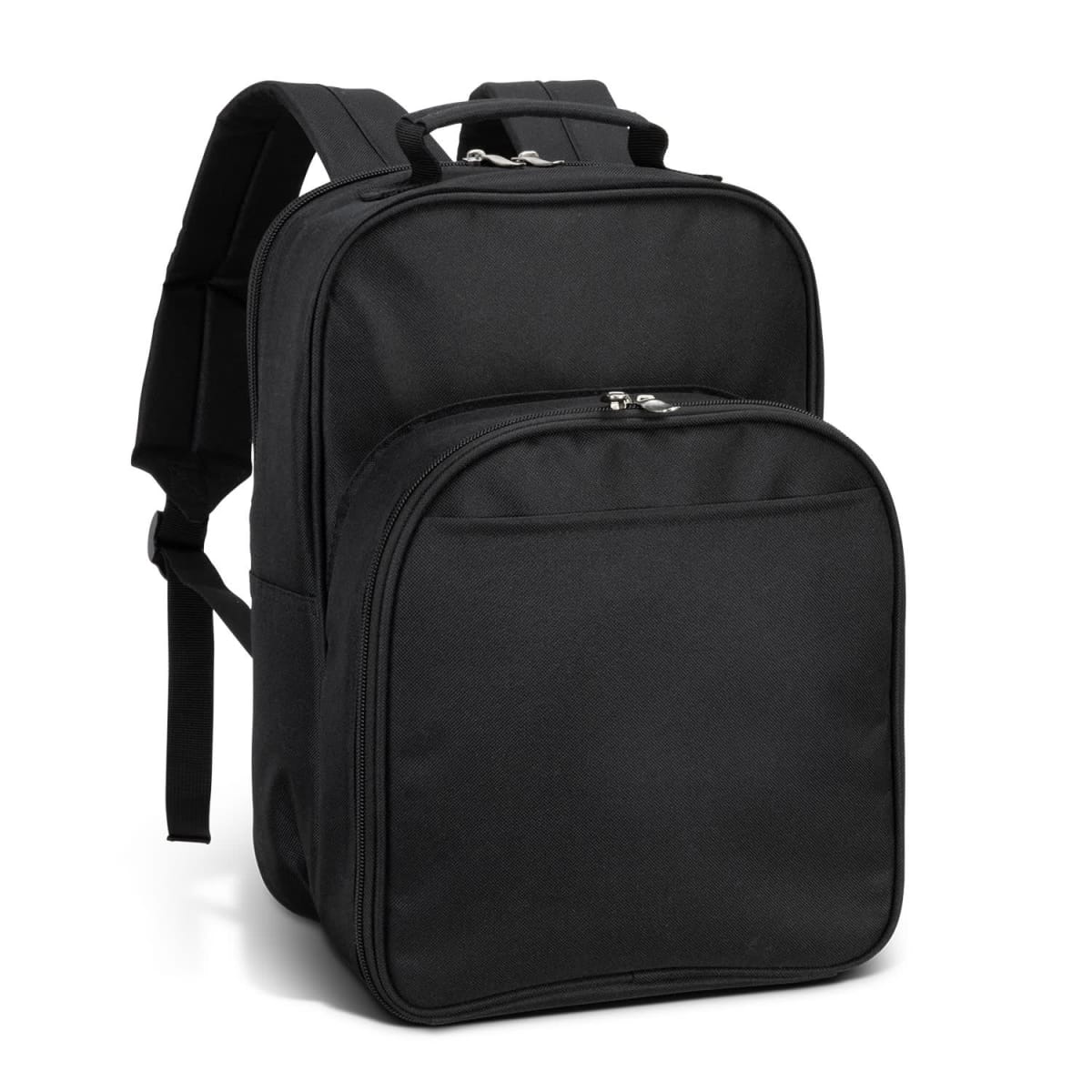 A plain black backpack with two zippered compartments on a white background.
