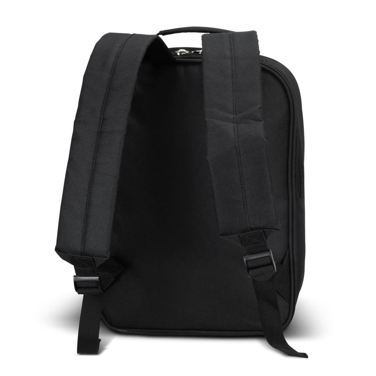 Black backpack with padded shoulder straps, viewed from the back on a white background.