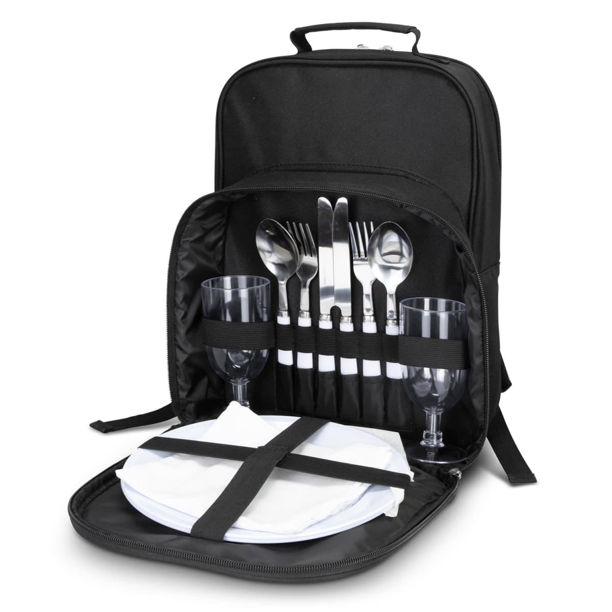 Black picnic backpack open to show cutlery, plates, glasses, and napkins neatly packed inside.