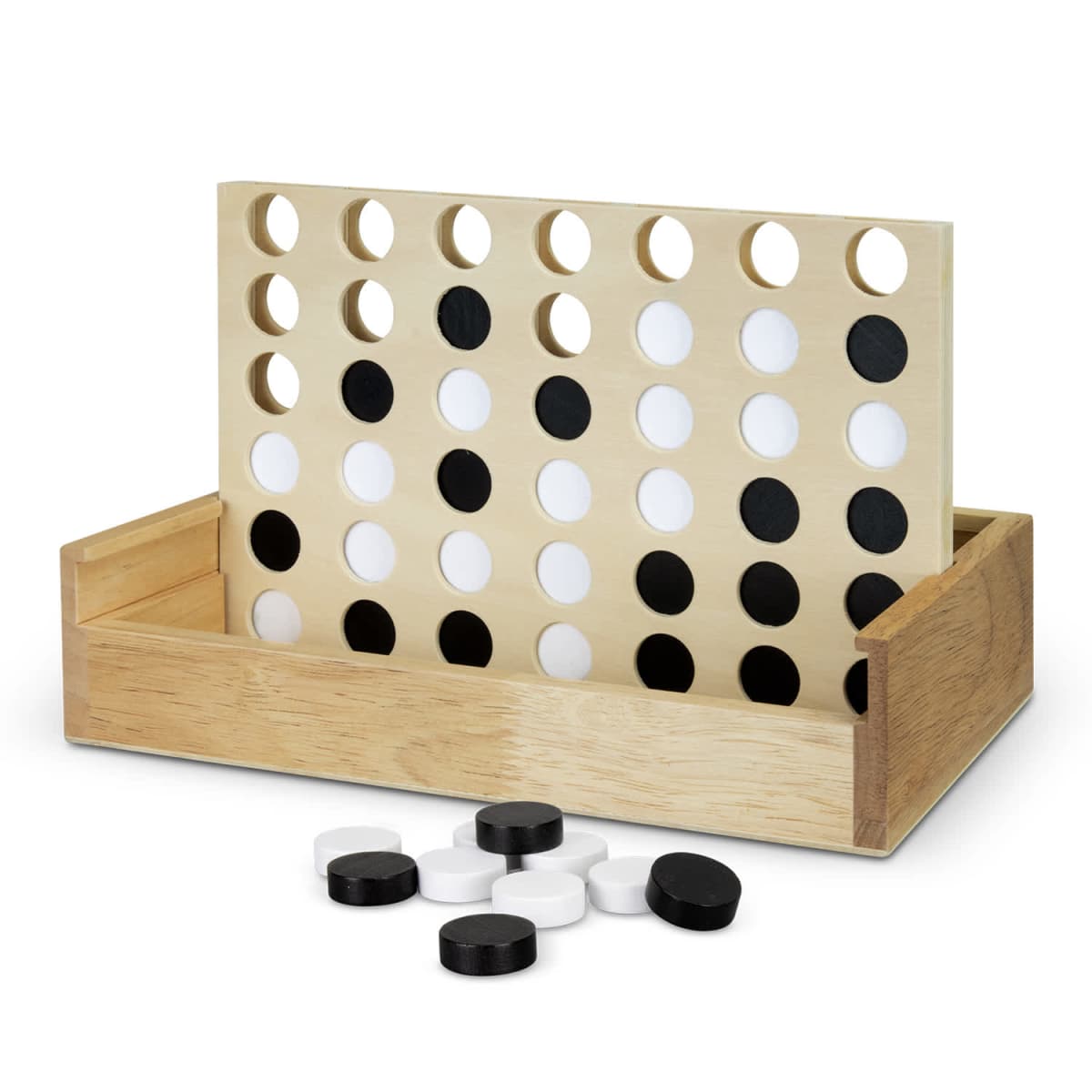 A wooden Connect Four game board with black and white pieces in a wooden tray.