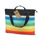 A colorful striped laptop bag with black handles and a brown tag attached.
