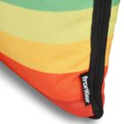 A zippered fabric bag with red, orange, yellow, and green stripes and a frontier label.