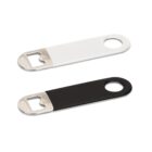 A white and a black metal bottle opener, each with a round hole at one end.