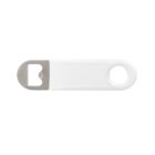 White plastic and metal bottle opener with a hole on one end, isolated on a white background.