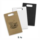 Three cutout-handle paper bags: brown with Wine text, white, and black, side by side.