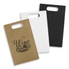 Three flat wine bags in brown, white, and black, with Wine printed on the brown bag.