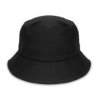 A plain black bucket hat with stitched brim, viewed from the front.