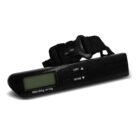 Black digital luggage scale with display, buttons, and attached strap.