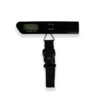 Black digital luggage scale with a screen and a hanging strap on a white background.