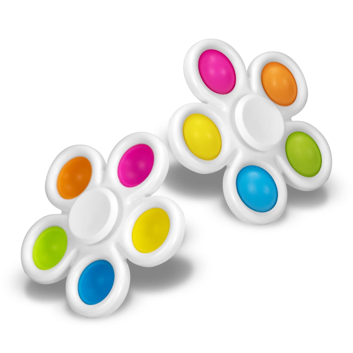 Two flower-shaped fidget toys with colorful, poppable bubbles on white backgrounds.