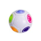White puzzle ball with colorful circular buttons in blue, green, pink, orange, and purple.