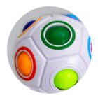 Close-up of a white fidget ball puzzle with colorful circular buttons.