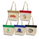Five canvas tote bags with colored tops and various printed logos displayed on each front.