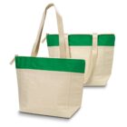 Two beige tote bags with green tops and long handles, shown side by side.