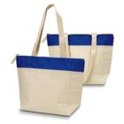 Two beige tote bags with blue trim and long handles, both with zippered tops.