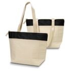 Two beige canvas tote bags with black accents and zipper closures on a white background.