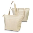 Two beige canvas tote bags with zippers and front pockets, shown from different angles.