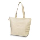 Beige canvas tote bag with a front pocket and zipper closure, standing upright.