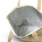 Open insulated tote bag with silver lining and beige handles, viewed from above.