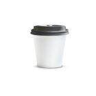 White disposable coffee cup with a black plastic lid on a plain white background.