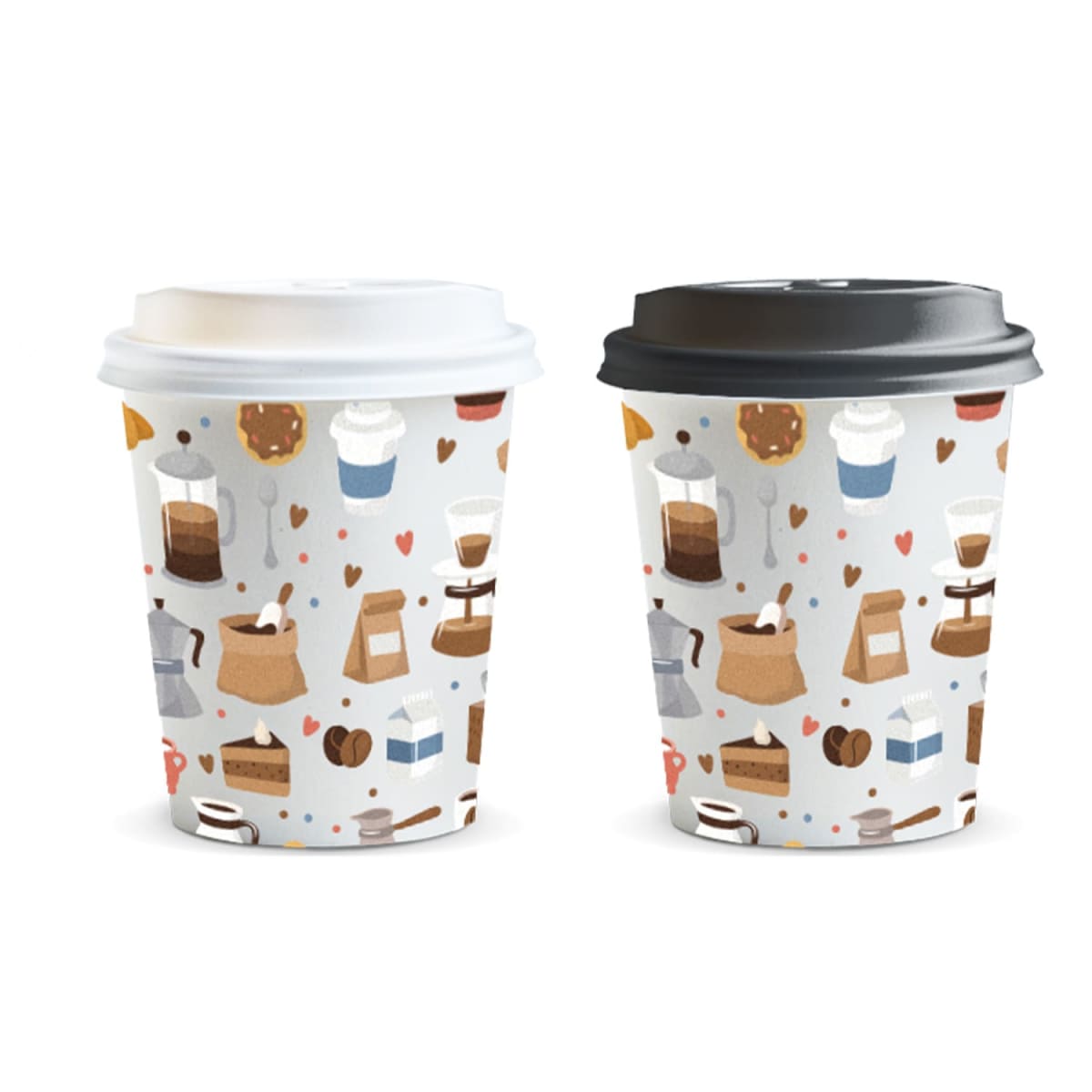 129423-0-20251007194508.jpg Two coffee cups with cute coffee and dessert illustrations, one with a white lid, one black.