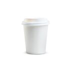 A plain white disposable coffee cup with a lid on a white background.