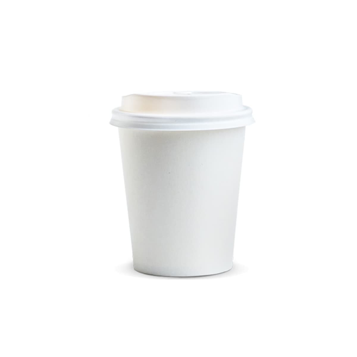 A plain white disposable coffee cup with a lid on a white background.