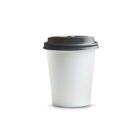 White disposable coffee cup with a black plastic lid on a plain white background.