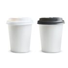 Two disposable coffee cups with white sleeves, one with a white lid and one with a black lid.