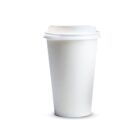 White disposable coffee cup with a plastic lid, isolated on a plain white background.