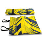 Folded and unfolded yellow and blue racing-themed kneeling pad with black handles.