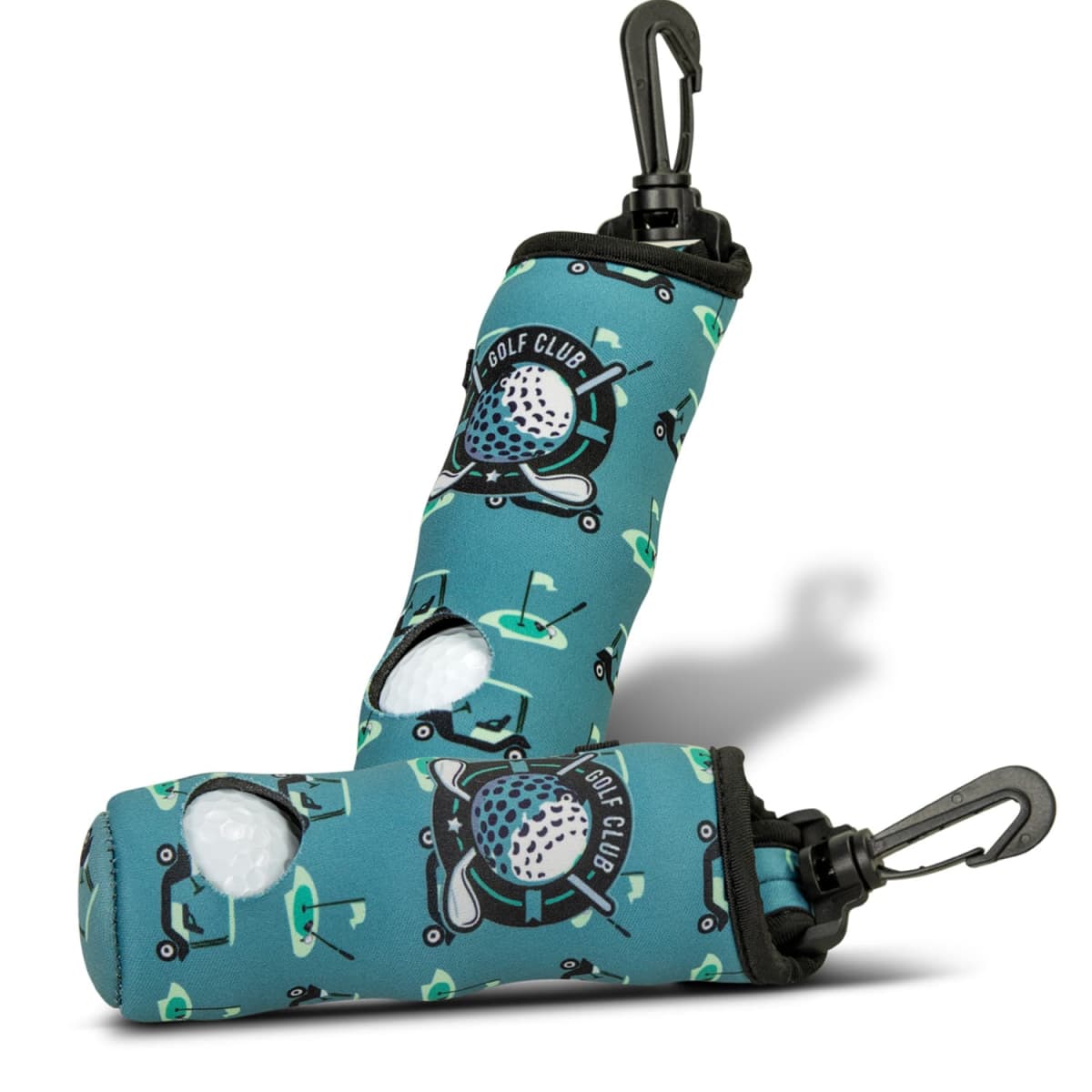 129429-0-20251118132524.jpg Two blue golf ball pouches with golf-themed designs and attached black clips.