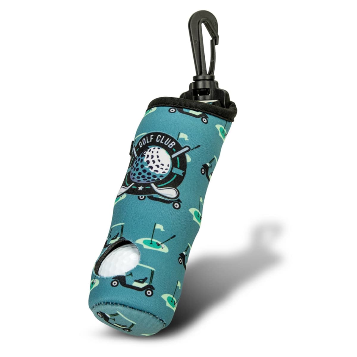 Blue golf towel holder with golf-themed print and a black clip for attachment.