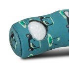 Blue golf ball holder sleeve with golf cart pattern and a golf ball visible inside.