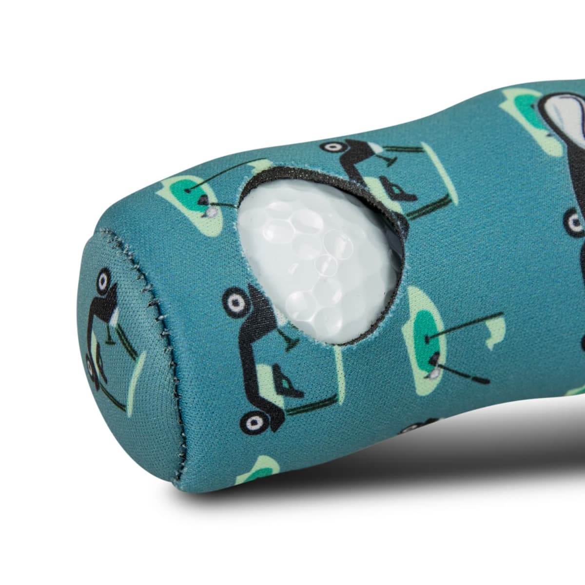 Blue golf ball holder sleeve with golf cart pattern and a golf ball visible inside.