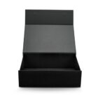 A black, rectangular gift box with the lid open, displayed on a white background.