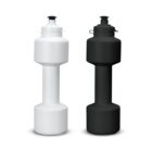 A white water bottle and a black water bottle standing side by side on a white background.