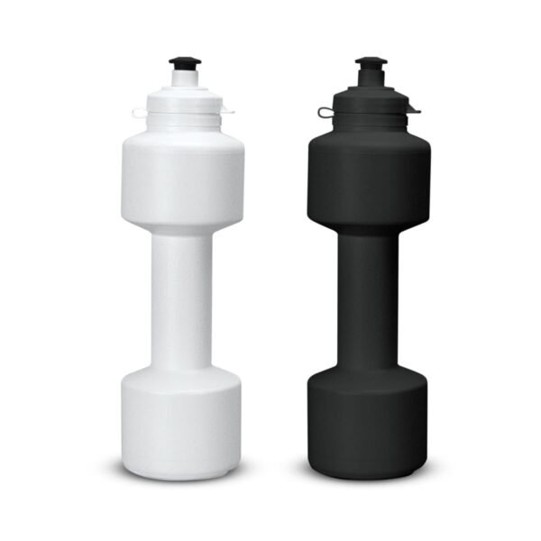 A white water bottle and a black water bottle standing side by side on a white background.