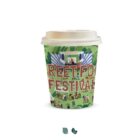 Paper coffee cup with STREET FOOD FESTIVAL and festival illustrations on a green background.