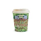 A coffee cup with a Street Food Festival design and illustrated people on it.